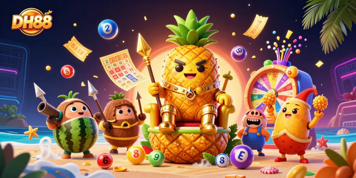 Join the fun at DH88's casino world with the golden pineapple king and vibrant lottery elements.