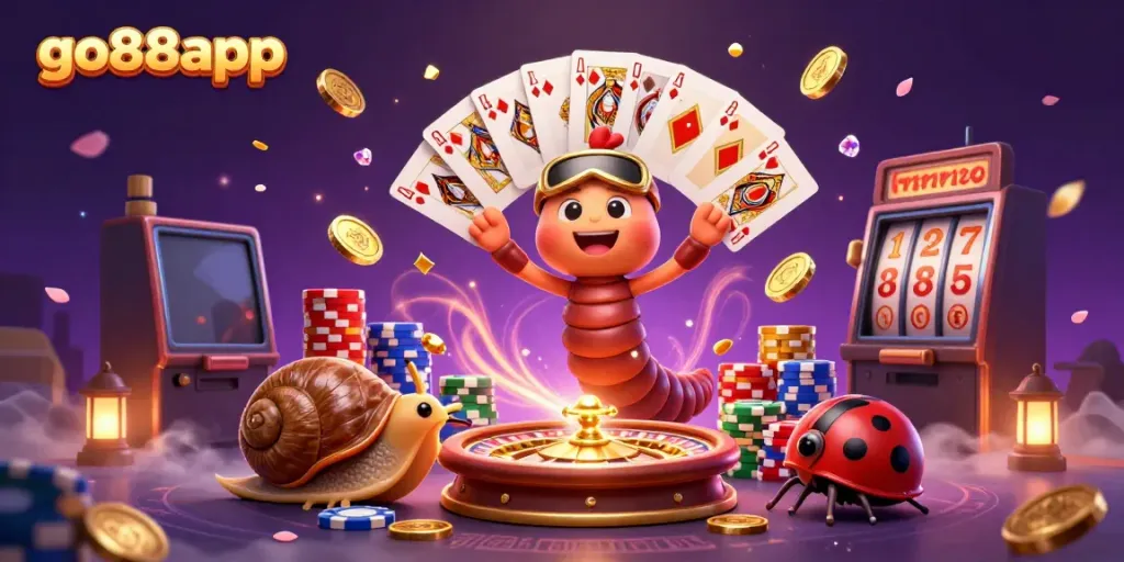 Experience the thrill of go88app with dynamic casino elements, featuring an animated millipede dealer, high-roller snail, and excitement-filled playing cards.