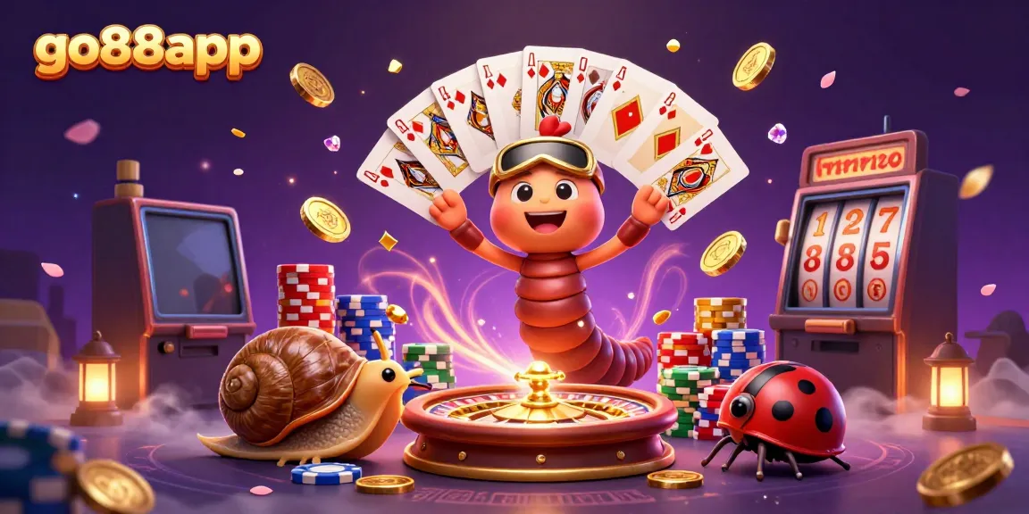 Experience the thrill of go88app with dynamic casino elements, featuring an animated millipede dealer, high-roller snail, and excitement-filled playing cards.