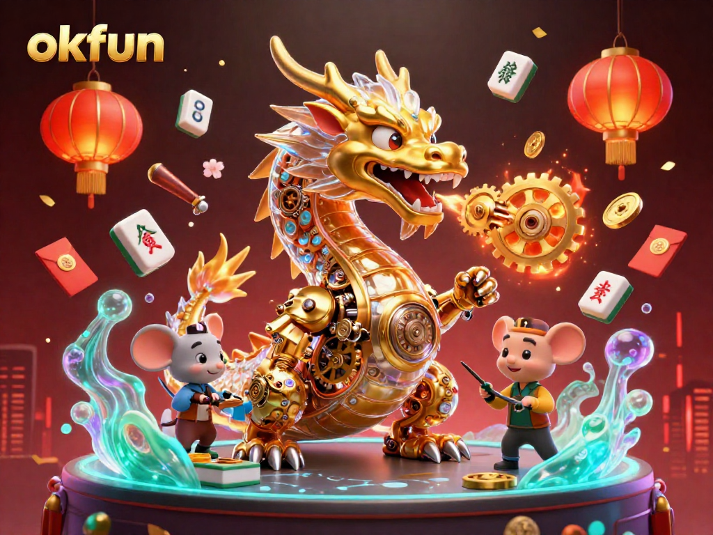 Engage in thrilling games at okfun, where a biomechanical dragon breathes golden treasures amidst a vibrant casino atmosphere.