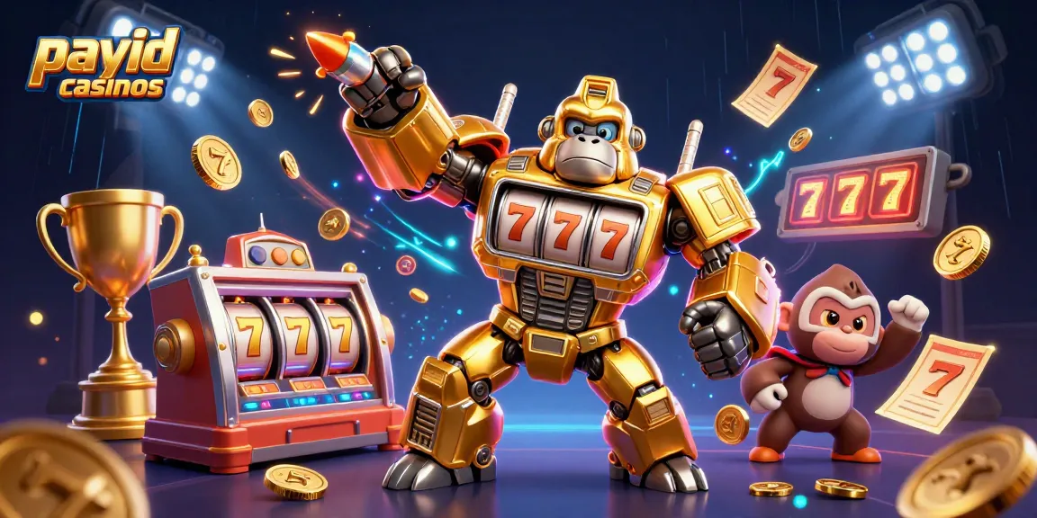Engaging scene of payid casinos illustrated with a golden gorilla mech and dynamic slot elements.