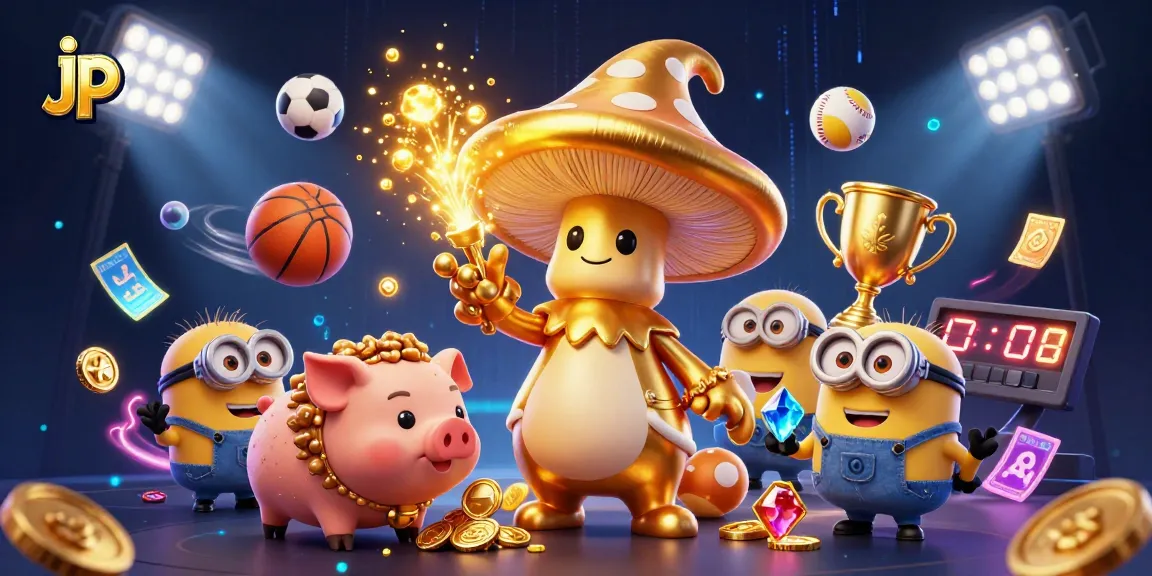 Join the jp wizard in a magical casino scene filled with treasure, sports elements, and vibrant colors.
