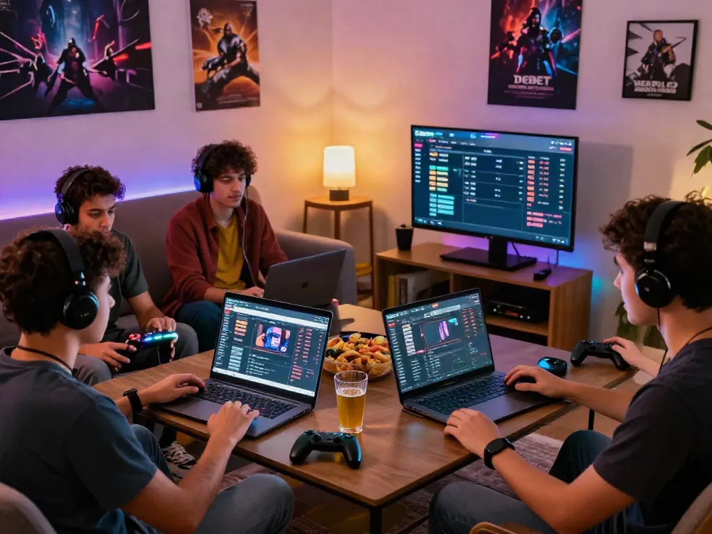 Friends enjoying a game night, engaging with DEBET platform for online betting at https://debet.gb.net/.