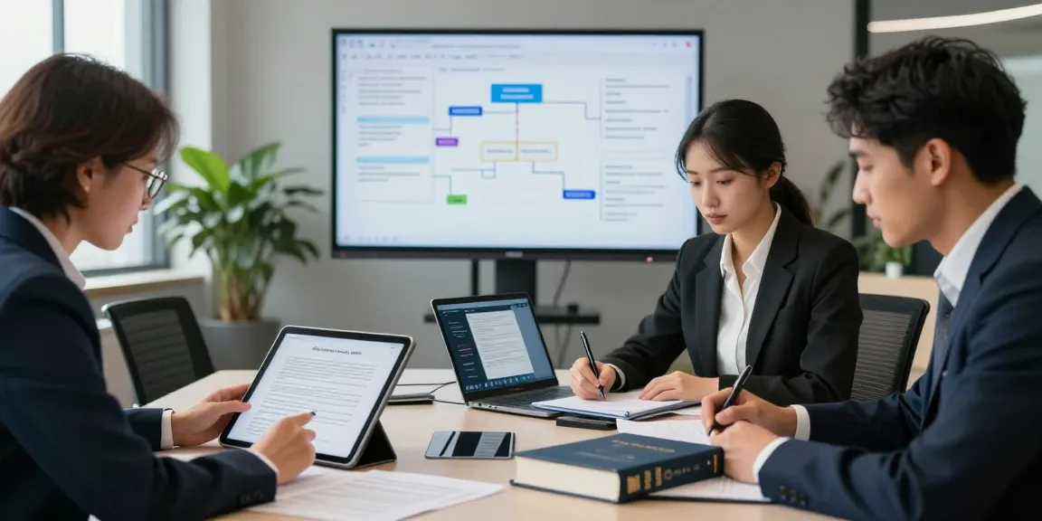 Team utilizing document fraud detection tools to analyze and verify important papers in a modern office.
