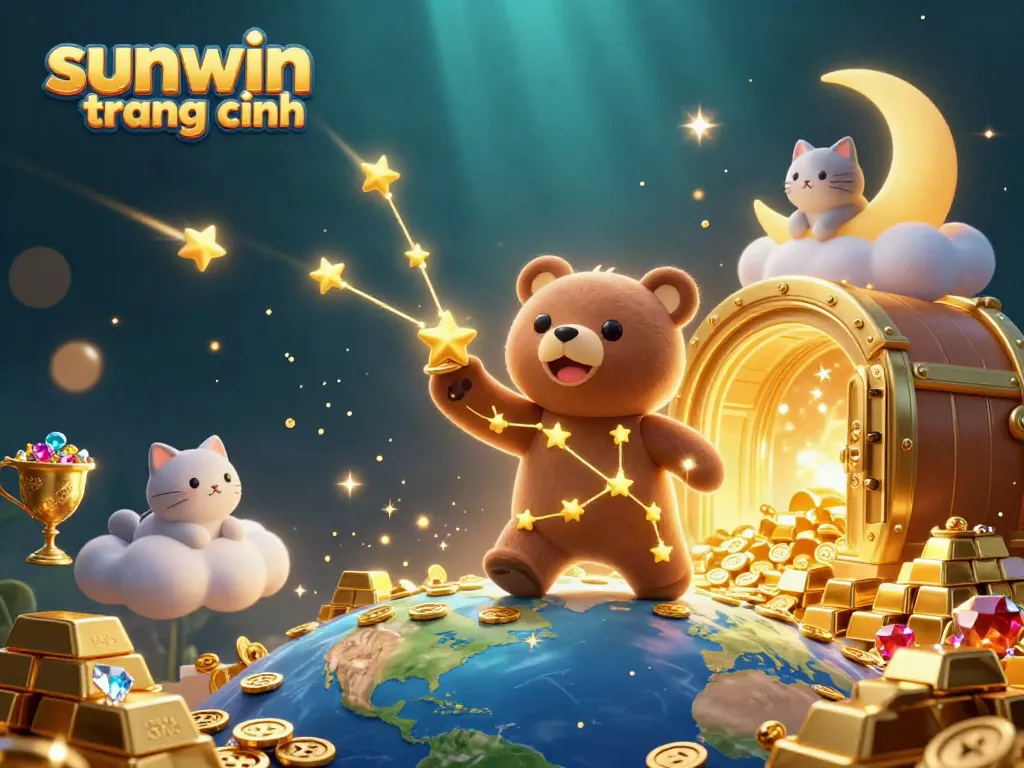 A 3D cartoon illustration presenting the sunwin trang chính as characters scoop coins amidst an underwater treasure scene.