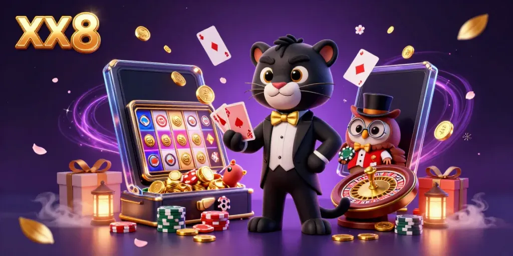 Experience the vibrant energy of XX 8 as the stylish panther deals poker while coins fly in a dynamic online casino.