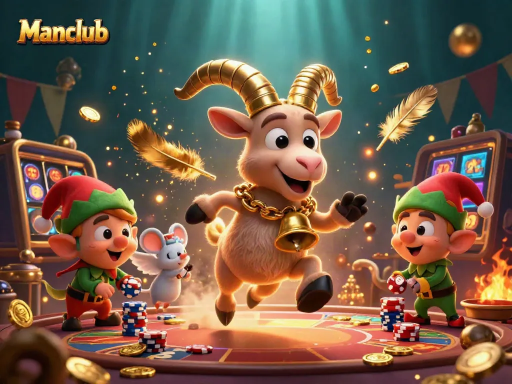 Experience the thrill at Manclub with a dynamic illustration of whimsical casino action featuring Krampus, an angel mouse, and mischievous gremlins.