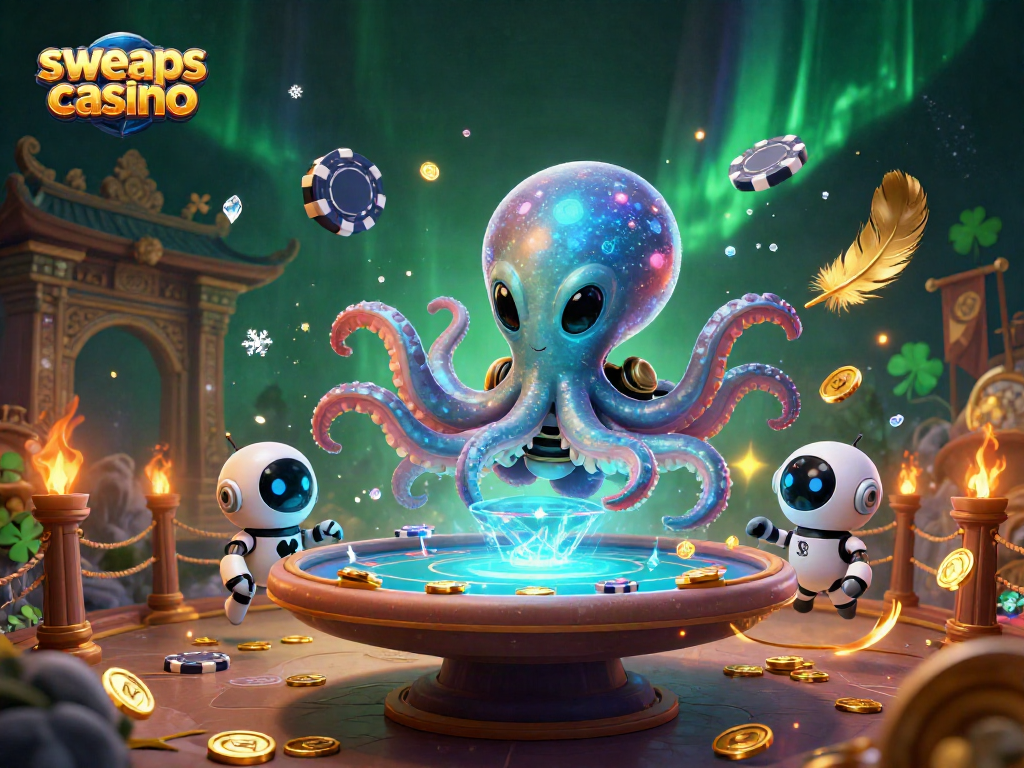 Engage in the sweeps coins casino excitement with a 3D octopus at a holographic poker table.