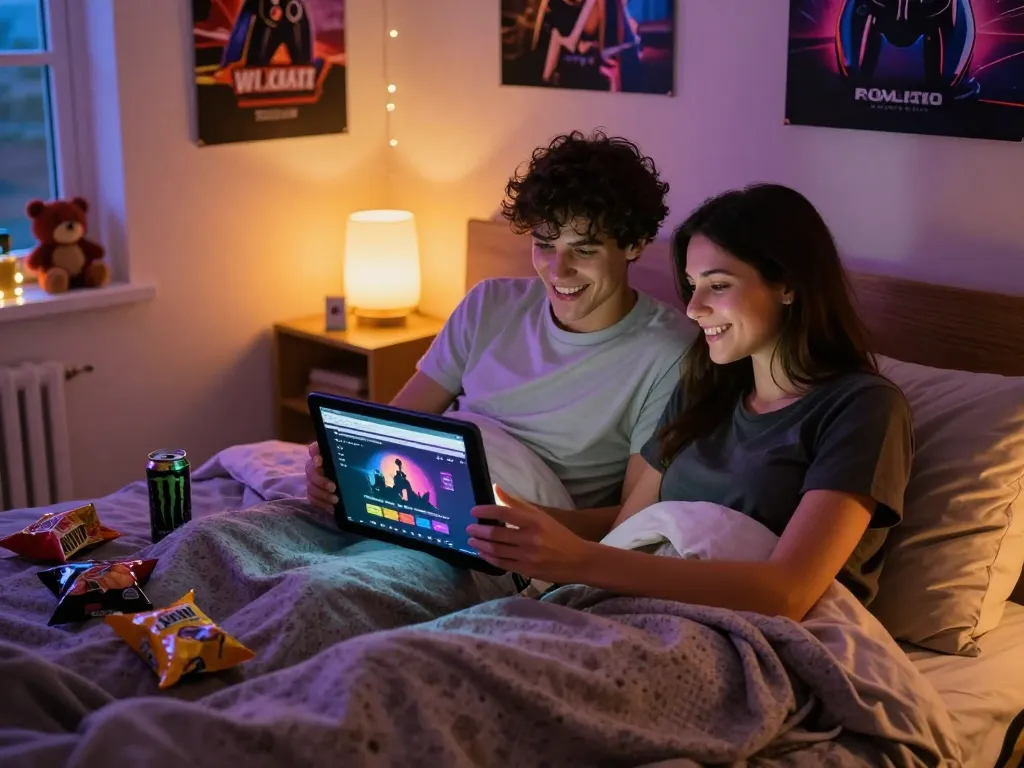 Couple enjoying browser-based porn games html in a cozy bedroom.