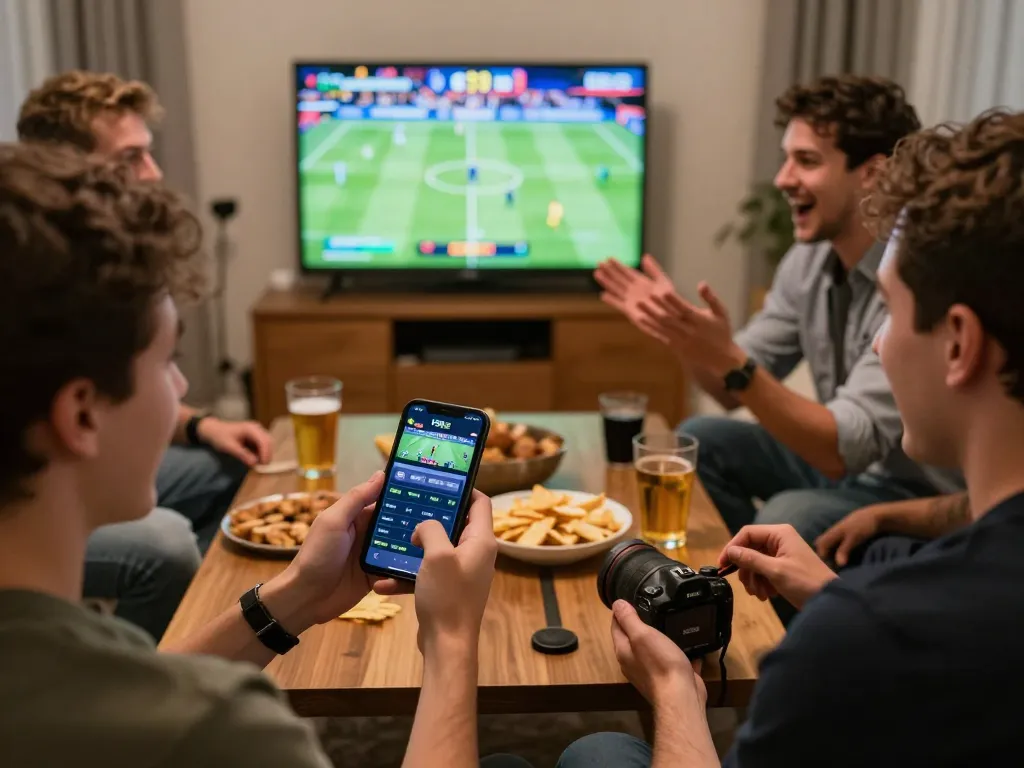 Friends intensely watching a sports event while using the F8bet luxury betting app on their smartphones, capturing excitement and engagement.