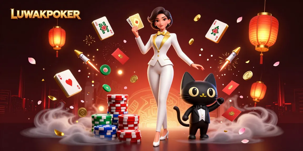Engage in LUWAKPOKER's exciting atmosphere with a glamorous dealer and playful cat at the poker table.