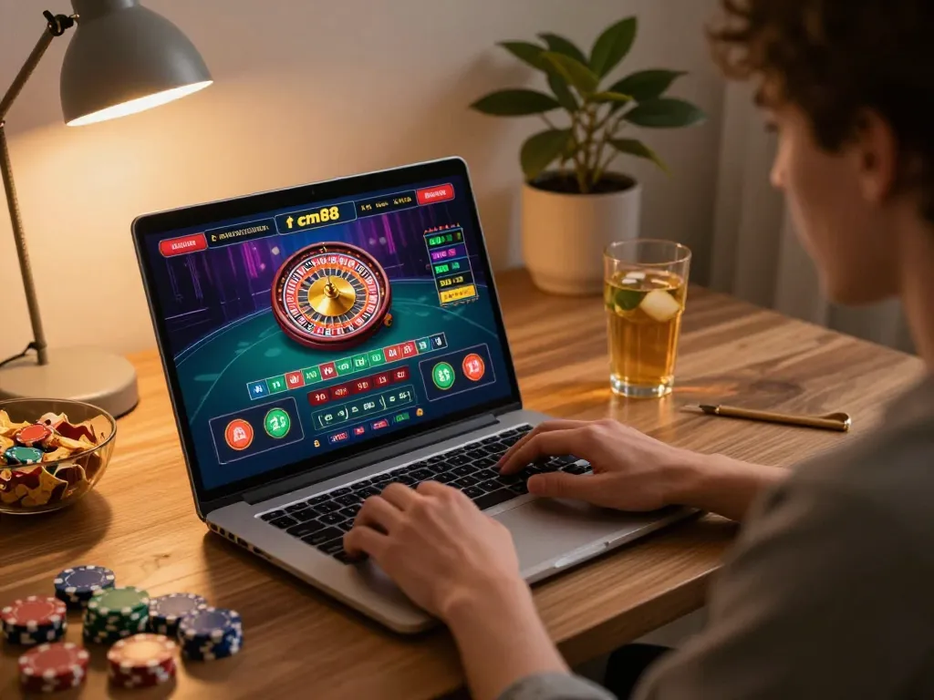 Player engages with cm88 live casino games on a laptop in a cozy home office.
