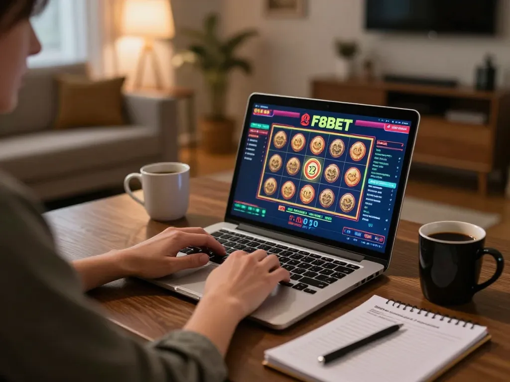 Engaging in F8bet me online casino gaming at a stylish home setup with a focus on strategy.