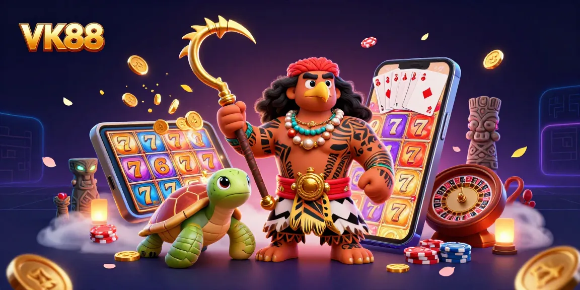 Engage in thrilling gameplay with VK88's vibrant slot game elements and dynamic characters.