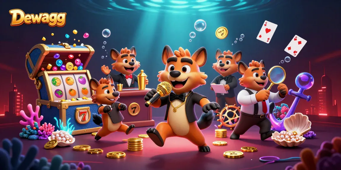 Dewagg gamblers enjoy a vibrant comedy casino club with hyenas, colorful slot reels, and lively atmosphere.