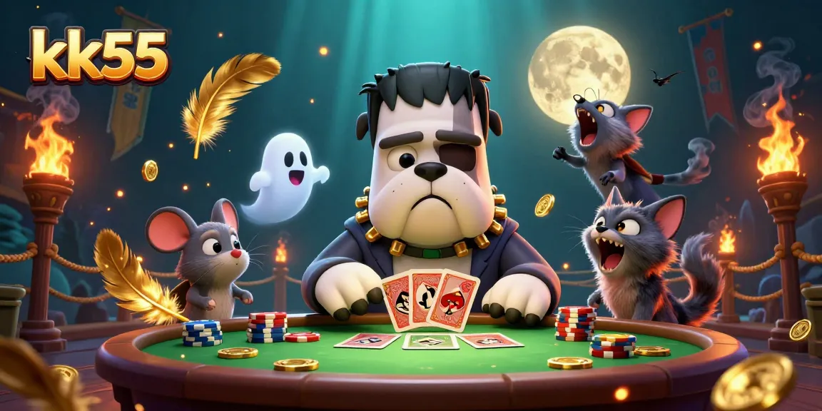 kk55's Frankenstein bulldog monster deals cards at a haunted table with a ghost mouse, creating an engaging casino scene.