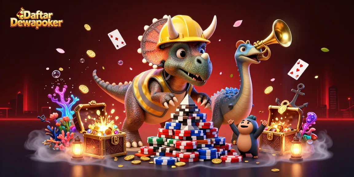 Engage with the vibrant and dynamic scene of Daftar Dewapoker as cartoon dinosaurs celebrate poker wins.