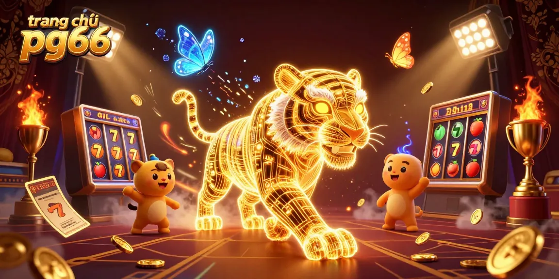 Experience the vibrant dunia of trang chủ pg66 with a neon tiger navigating a 3D casino landscape filled with slots and jackpots.