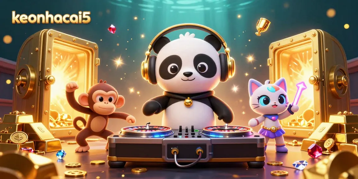 Engage with keonhacai5 in this vibrant casino-themed illustration of a DJ panda, dancing monkey, and kitten!