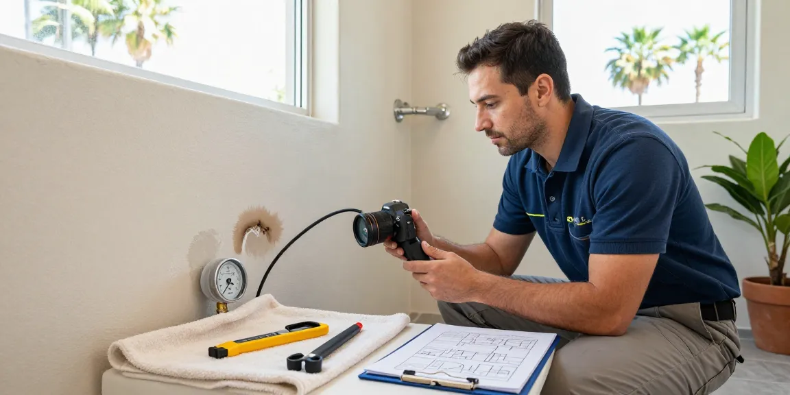 Leak detection San Diego scene where an experienced plumber uses specialized equipment to inspect a leak in a bathroom