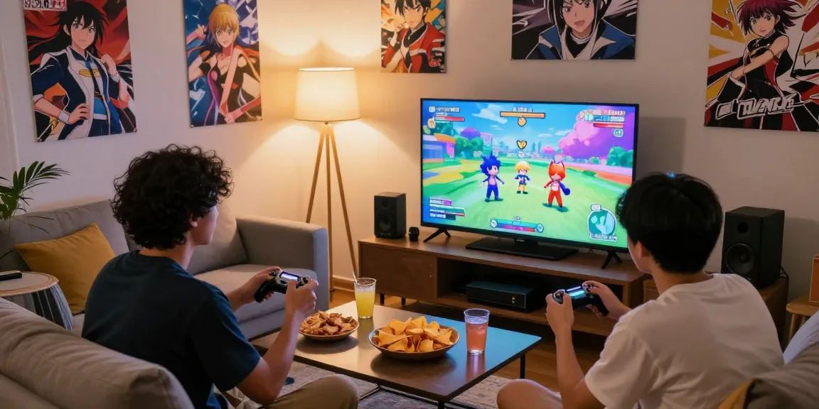 Friends enjoying hentaigames on a big screen with snacks in a cozy apartment.