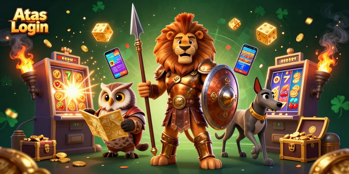 Experience the thrill of Atas Login with vibrant casino elements bursting into view and engaging characters.