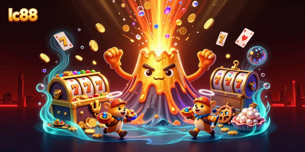 Spin the reels at LC88 with a vibrant treasure-filled scene of a golden volcano erupting coins and joyful animals.