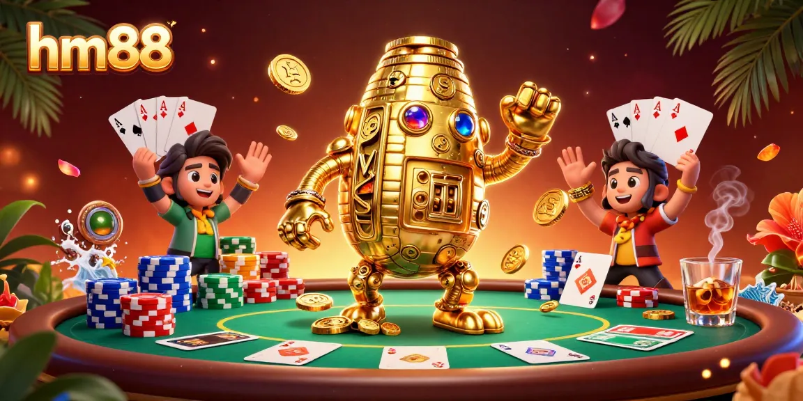 Engage in thrilling gameplay at hm88 with dazzling golden golem at a vibrant poker table.