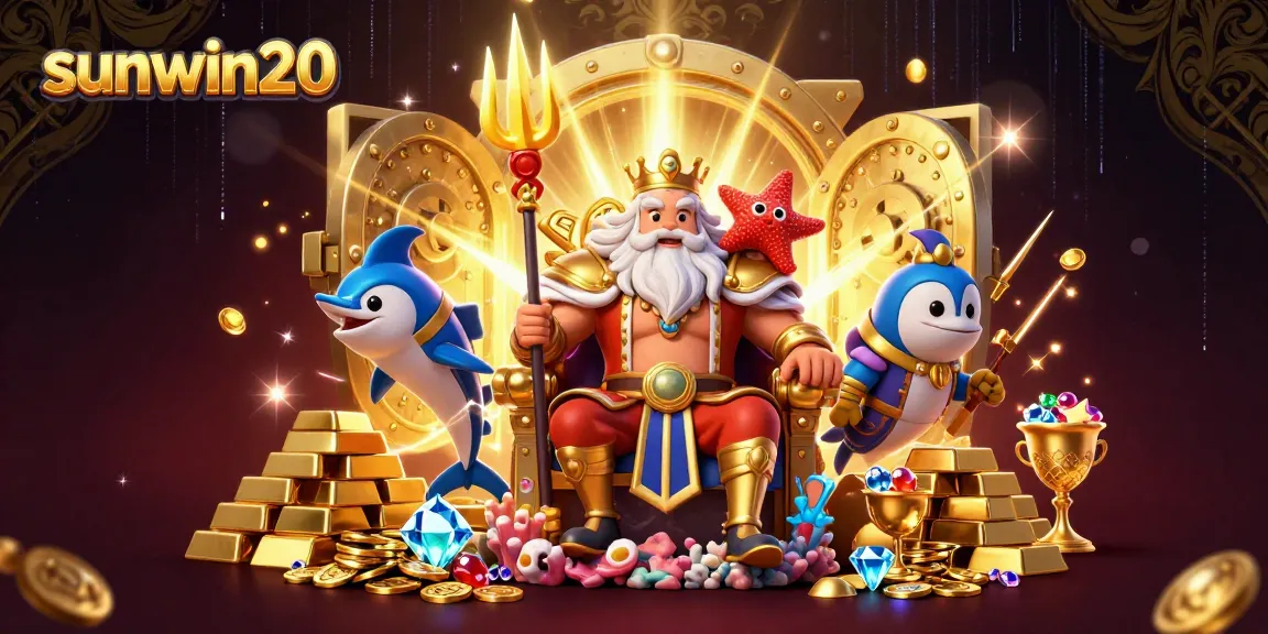 Experience the thrill of gaming with sunwin20's vibrant 3D illustration featuring Neptune and treasures.