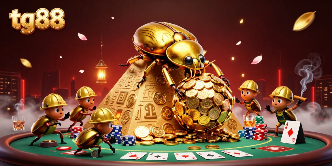Experience the thrill of tg88 casino with golden beetles and vibrant poker elements in action.