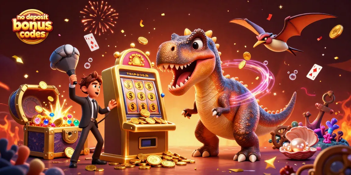 No deposit bonus codes displayed in a vibrant 3D casino scene with dynamic dinosaurs and gold coins.