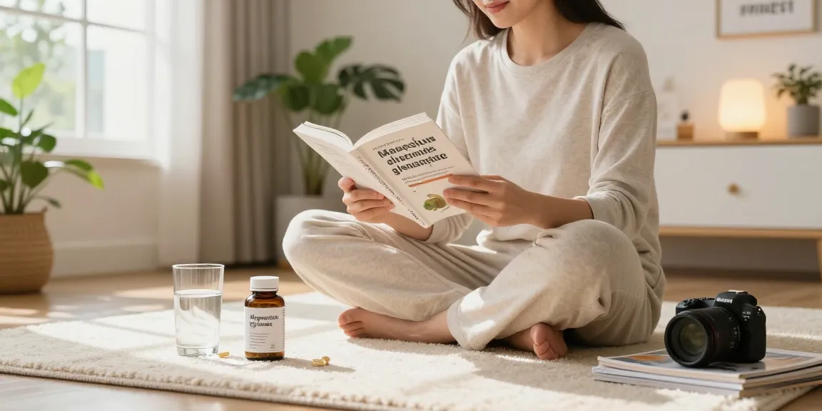 Person reading about magnesium glycinate supplements in a tranquil home setting.