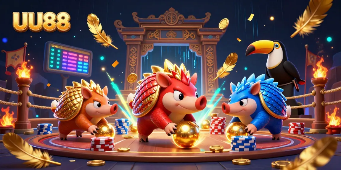 Engage in thrilling gameplay with UU88, featuring pangolins bowling chips in a vibrant casino scene.