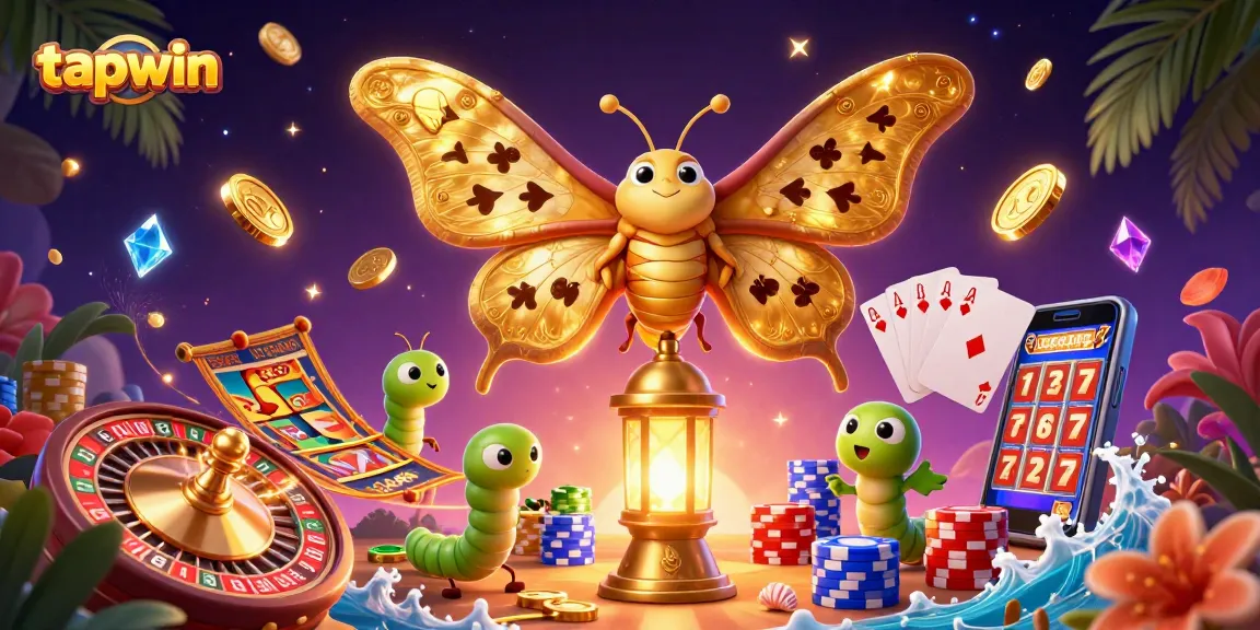 tapwin showcases an ultra-detailed 3D casino scene with a moth and golden casino elements, inviting players to engage.