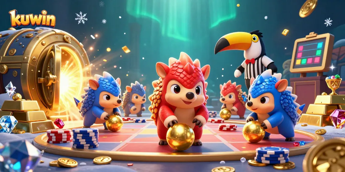 Kuwin's thrilling casino experience showcased as pangolins roll into gold amid poker chips.