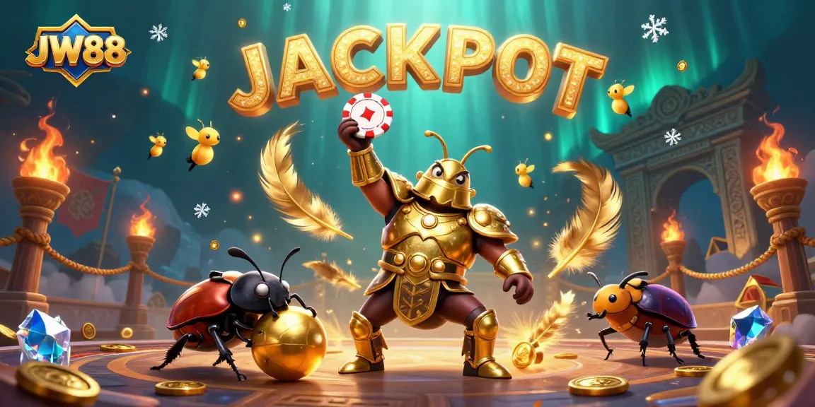 JW88 features a vibrant 3D beetle victory scene with jackpot excitement and dynamic casino elements.