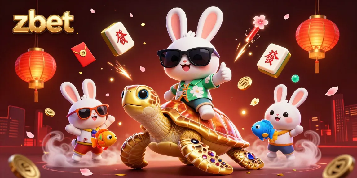 Engage in thrilling gameplay at zbet, where a lucky rabbit rides a golden turtle amidst festive decorations.