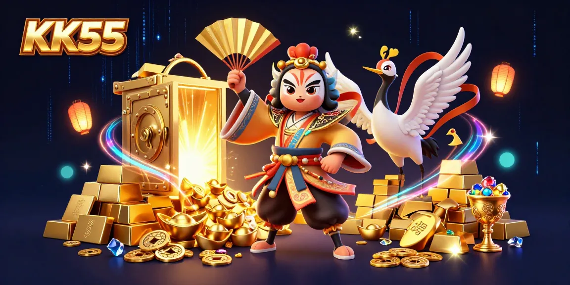 Win big with KK55 at a vibrant online casino, featuring a kabuki warrior and ornate treasures.