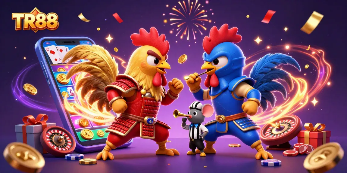 Engage in thrilling battles at TR88 with cartoon roosters amidst glowing casino symbols.