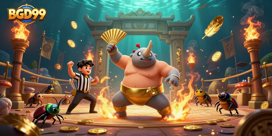 Engage with BGD99 as the rhinoceros beetle basks in golden winnings amidst a thrilling gambling scene.