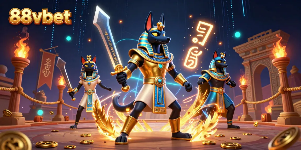 Join the excitement at 88vbet with thrilling gaming adventures featuring Anubis and Bastet in a dynamic casino scene.