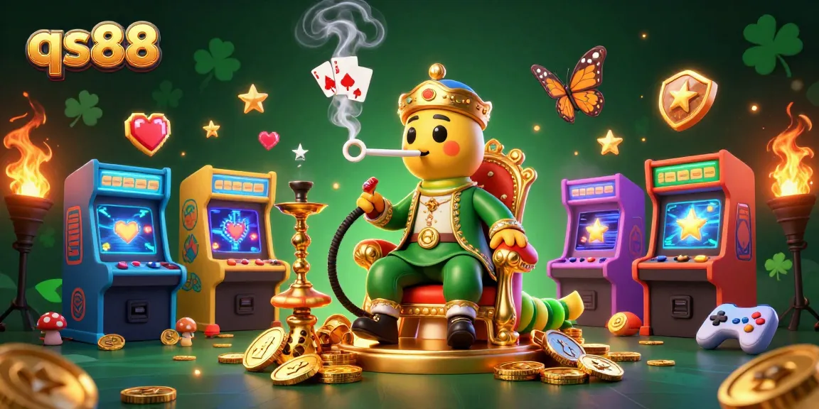 Play exciting casino games with qs88, featuring a vibrant scene with game elements and a whimsical caterpillar master.