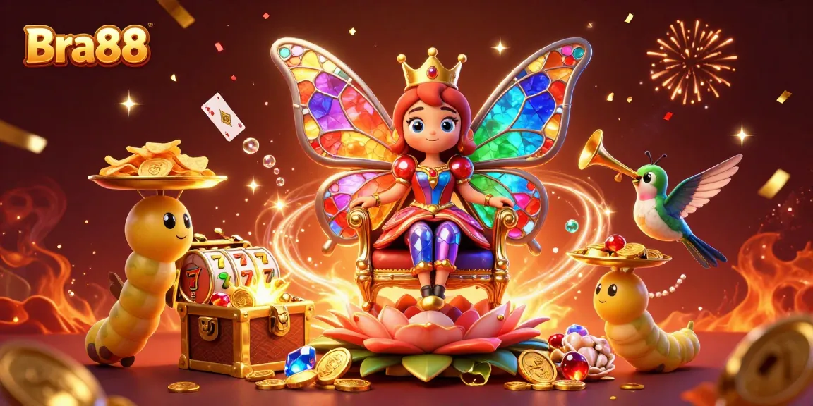 Experience Bra88’s vibrant casino world with a butterfly queen amidst treasures and confetti.