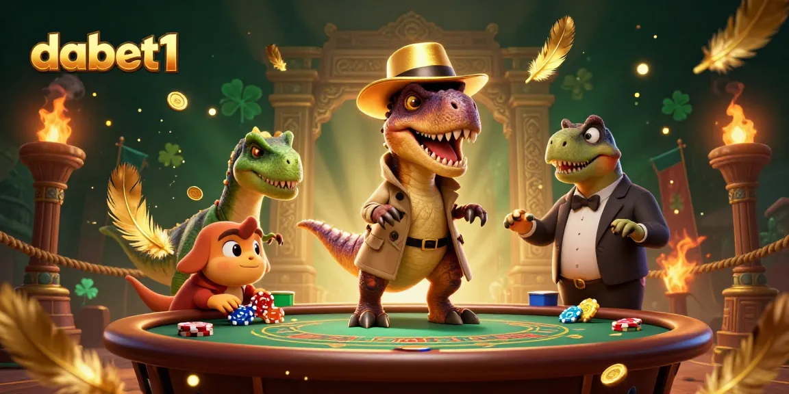 Engage with dabet1's thrilling blackjack scene featuring playful dinosaur characters.