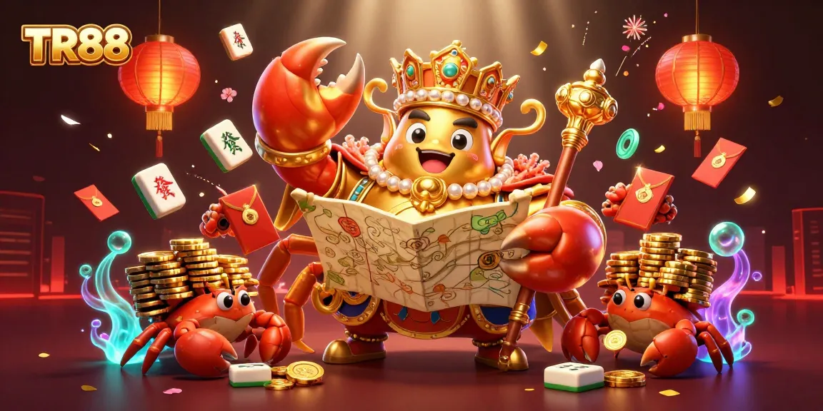 Experience thrilling gaming at TR88 with a stunning 3D illustration of a golden crab emperor and vibrant casino elements.