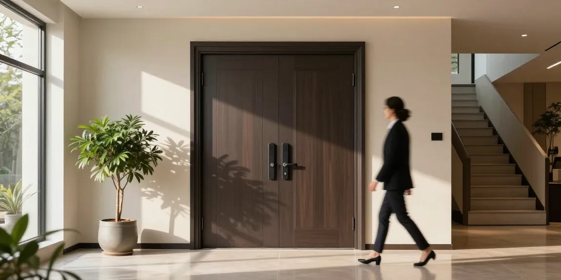 Elegant single leaf double swing door enhances modern entryway with sophisticated style and natural light.