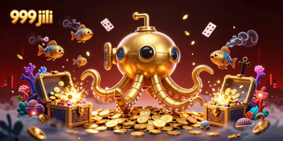 Experience the thrill of 999 jili with a vibrant underwater gaming scene featuring a golden kraken submarine.