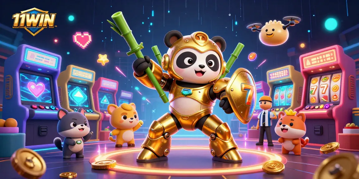 Engage in thrilling gaming with 11WIN's vibrant arcade scene showcasing dynamic slot features and animated characters.