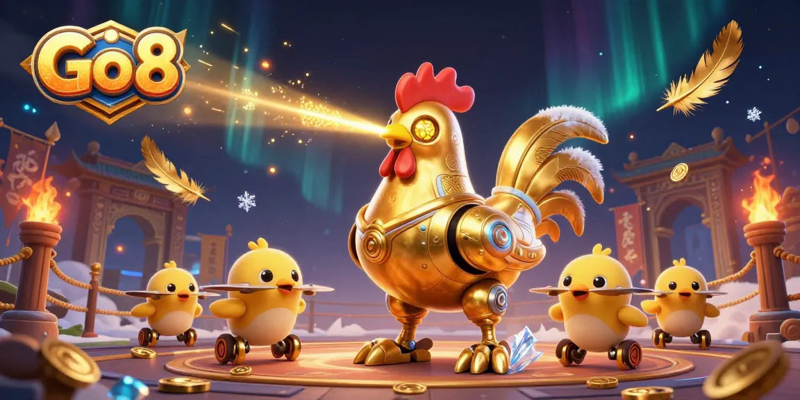 Go 8 casino experience featuring a futuristic golden rooster robot and playful baby chicks.
