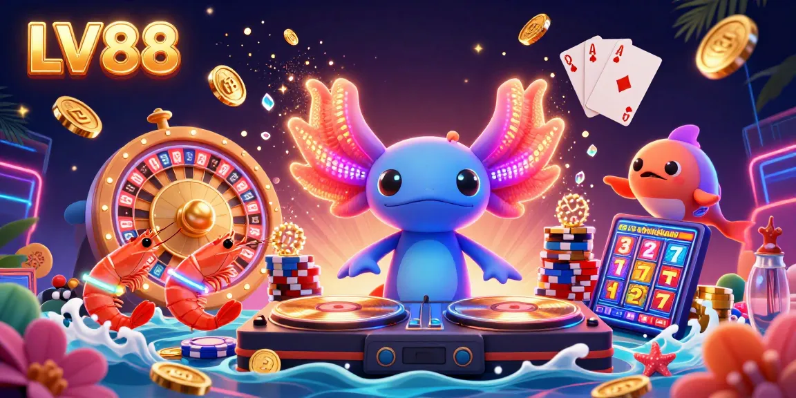 Experience LV88's playful 3D casino scene with a vibrant axolotl DJ and thrilling games.
